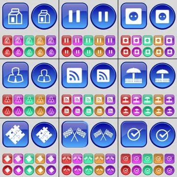 Package, Pause, Socket, Avatar, RSS, Umbrella, Puzzle, Colours, Tick. A large se Illustrazione stock