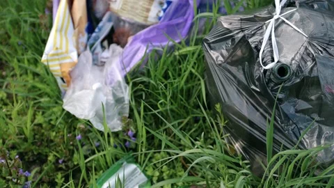 A package of plastic garbage lies in the forest on a forest road, pollution of Stock-Footage 171995103