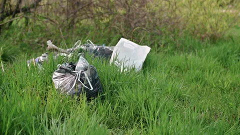 A package of plastic garbage lies in the forest on a forest road, pollution of Stock-Footage 171995518