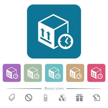 Package shipping time flat icons on color rounded square backgrounds Stock Illustration
