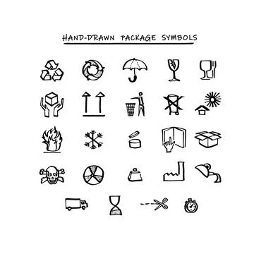 Package symbols hand-drawn vector collection. Product labels ideas. Stock Illustration