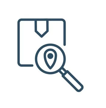 Package tracking delivery map pin label with magnifying glasses vector editab Illustrazione stock