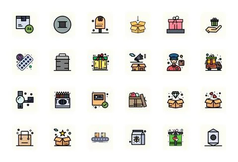 Package Vector Icon Collection with 24 64x64 LineFilled Designs Stock Illustration