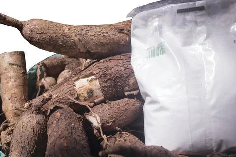 Packaged cassava root and organic cassava root starch. clipping path Stock Photos