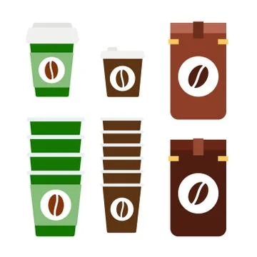 Packaged coffee and paper cups vector flat material design isolated object on Stock Illustration