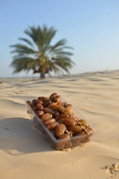 Packaged Dates on Desert Sand with Palm Tree in Background Stock Photos