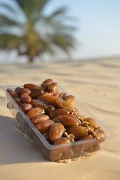 Packaged Dates on Desert Sand with Palm Tree in Background Fotos de archivo