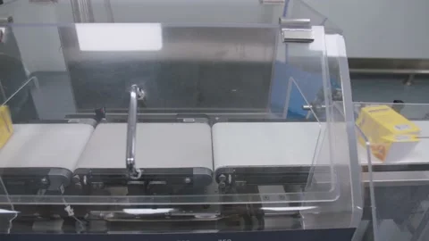 Packaged drug boxes move on conveyor belt. packs with medicine are moving along Stock Footage 200856985