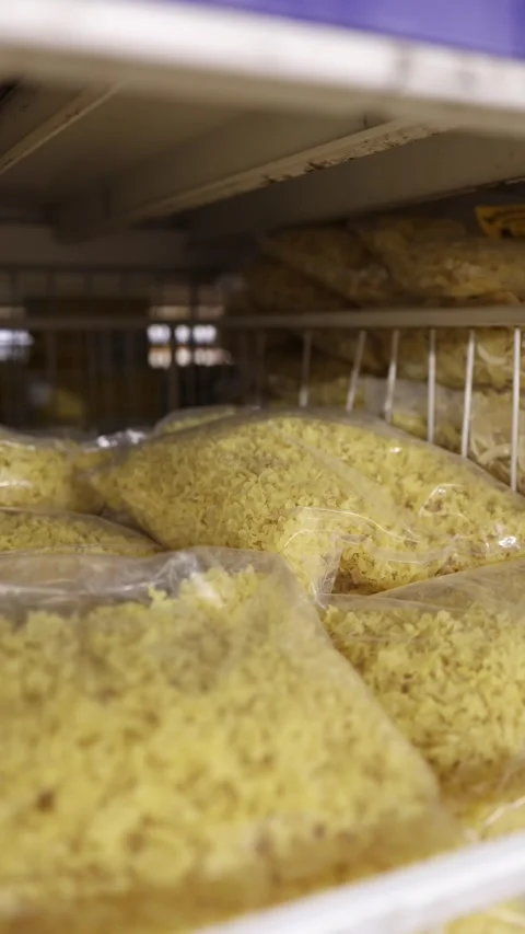 Packaged dry pasta in large clear bags stored on supermarket shelf Stock Footage 345978026
