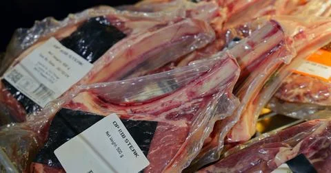 Packaged Lamb OP Rib Steaks in Supermarket Display Stock Photos
