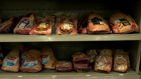 Packaged meat on shelves Stock Footage 73890190