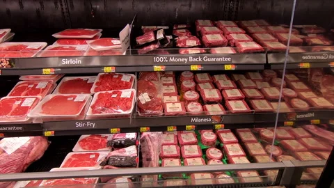 Packaged meats and steaks at the grocery, Stock Video