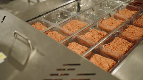 Packaged Minced Chicken Trays Advancing Through Meat Processing Factory Line Stock Footage 339007665