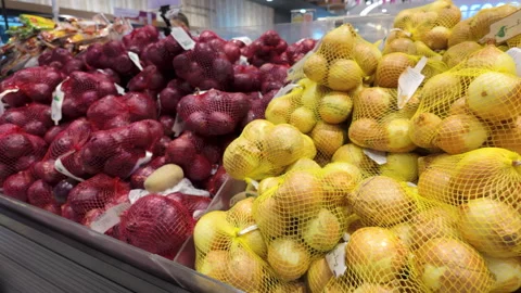 Packaged Onions in Grocery Store Close Up Stock Footage 289110458
