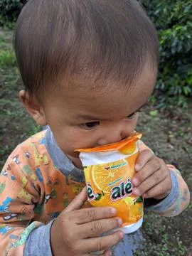 Packaged orange flavored drink made in Indonesia Stock Photos