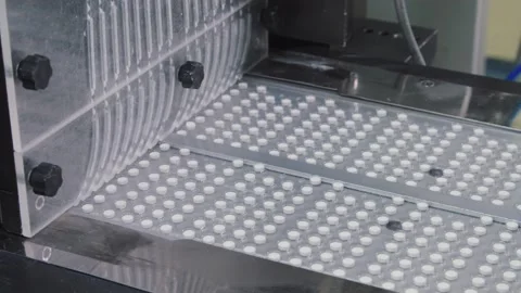 The packaged pills in blister move along the conveyor belt. automated assembly Video stock 200856606