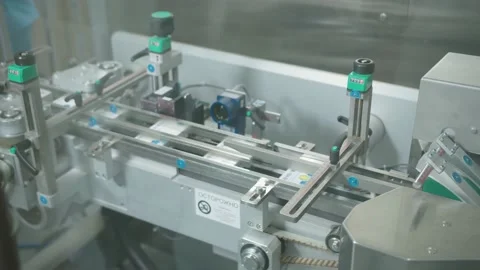 Packaged pills in boxes moving on conveyor belt at the pharma factory. automated Stock Footage 200856671