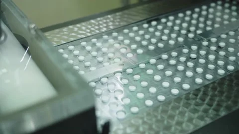 The packaged pills move along the conveyor belt. the close-up of one of the Stock Footage 199686180