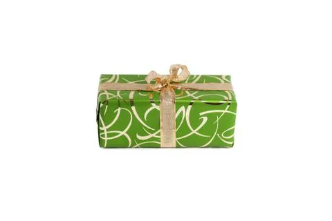 Packaged rectangular gift in green packaging with gold bow and gold pattern on a Stock Photos