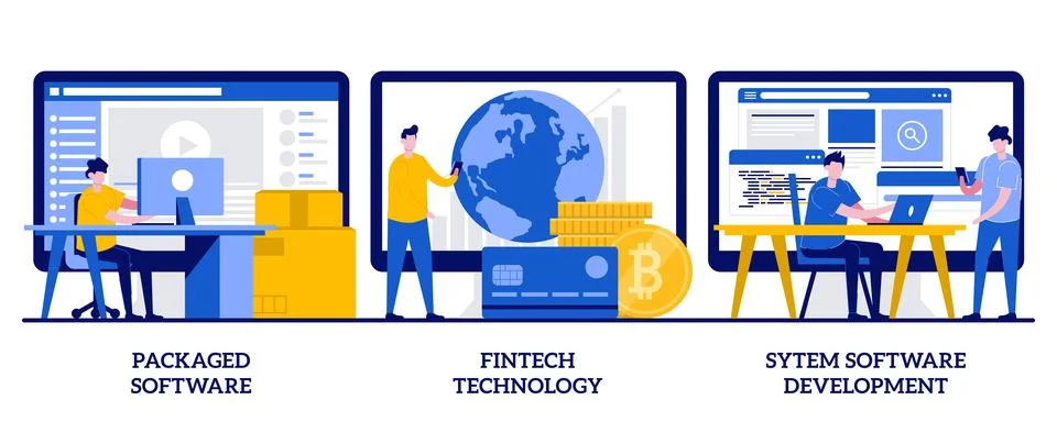 Packaged software, FinTech technology, system software development concept .. Illustrazione stock