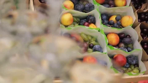 Packages with fresh ripe fruit in box in forest outdoors for holiday Stock Footage 69192778