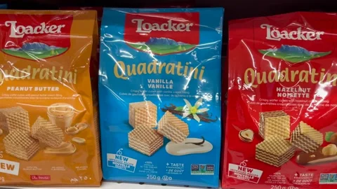 Packages of Loacker Quadratini wafers  Stock-Footage 259736906