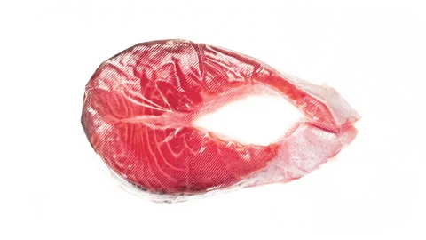 Packaging and Freezing Fresh Salmon Steak 4K Stock Footage 297779787