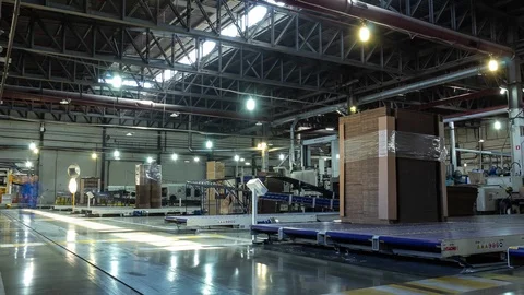 Packaging and transporting cardboard in warehouse timelapse Stock Footage 118403154
