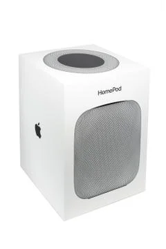 Packaging of an Apple HomePod speaker Stock Photos