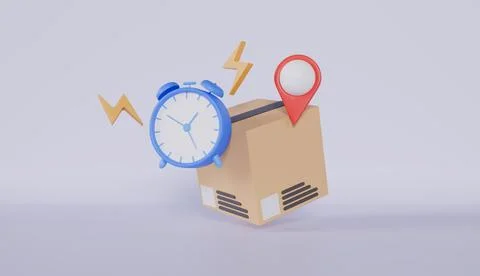 Packaging Box with Alarm Clock and Location Pin, Transportation and Logistic Stock Illustration
