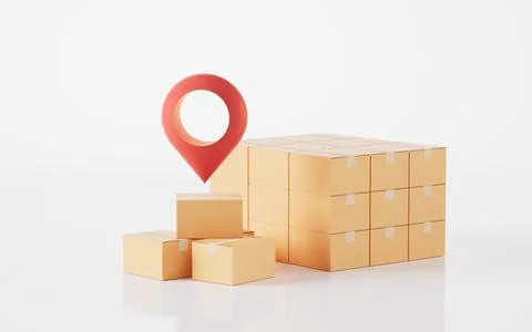Packaging box and location sign, 3d rendering. 库存插图