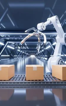 Packaging box and mechanical arm, 3d rendering. Stock Illustration