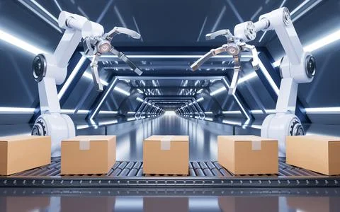 Packaging box and mechanical arm, 3d rendering. Stock Illustration
