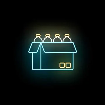 Packaging box with bottles delivery neon light outline Stock Illustration