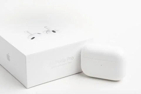 Packaging Box With Charging Case Of Apple AirPods Pro Stock Photos