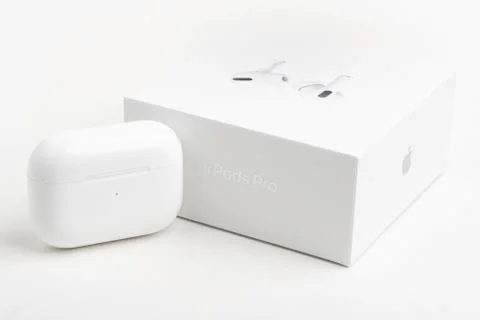 Packaging Box With Charging Case Of Apple AirPods Pro Stock Photos