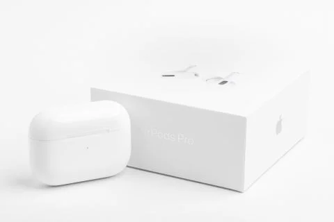 Packaging Box With Charging Case Of Apple AirPods Pro Stock Photos