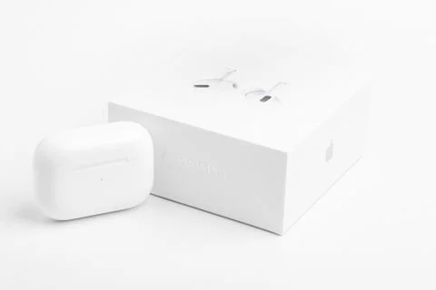 Packaging Box With Charging Case Of Apple AirPods Pro Stock Photos