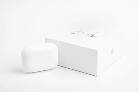 Packaging Box With Charging Case Of Apple AirPods Pro Stock Photos