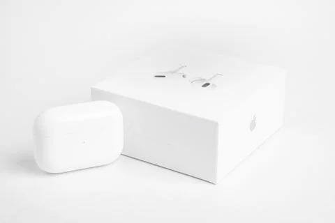 Packaging Box With Charging Case Of Apple AirPods Pro Stock Photos