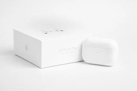 Packaging Box With Charging Case Of Apple AirPods Pro Stock Photos