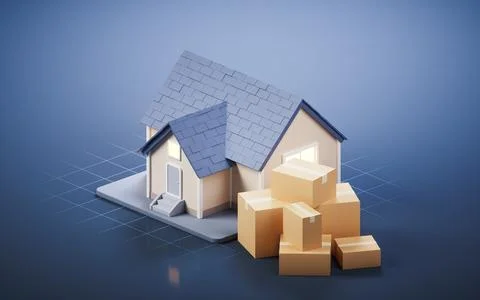 Packaging box with house, 3d rendering. Stock Illustration