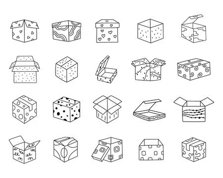 Packaging box set in outline line art Stock Illustration