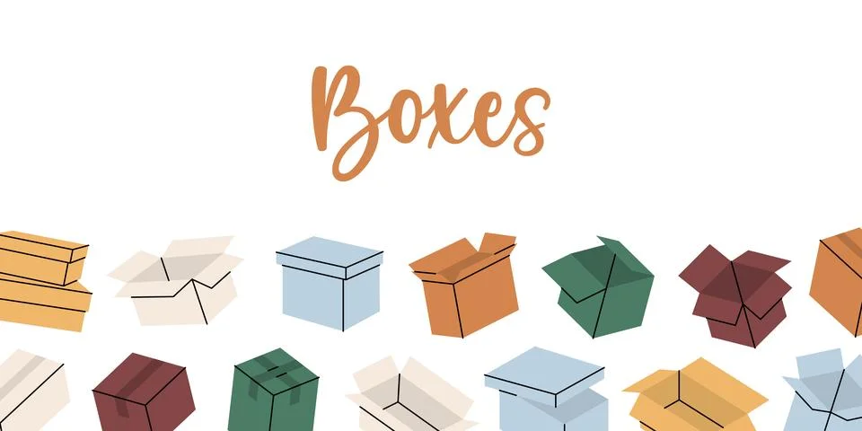 Packaging boxes horizontal banner. Package cardboard boxes. Present gift boxes Stock Illustration