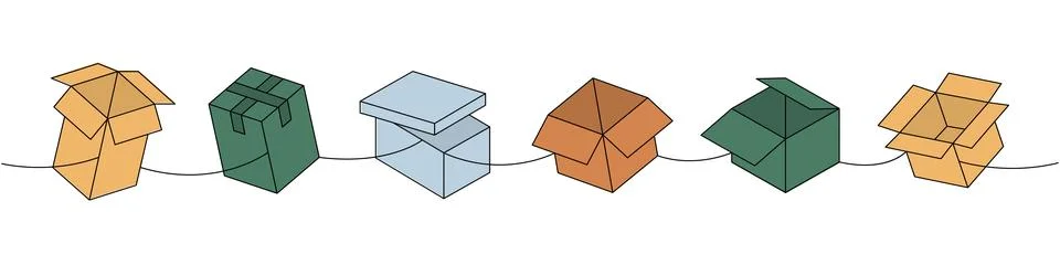 Packaging boxes one line colored continuous drawing. Gift boxes. Vector Stock Illustration