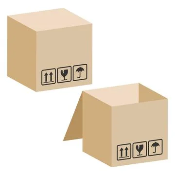 Packaging cardboard boxes with logistics symbols, open and closed Stock Illustration