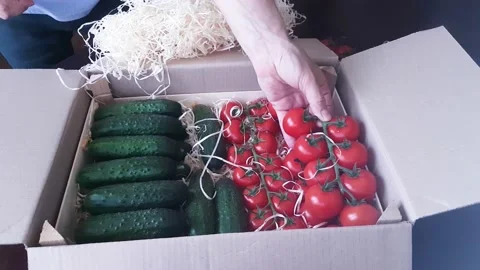 Packaging of cherry tomatoes and cucumbers in a cardboard box Stock Footage 182556214
