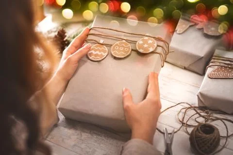 Packaging Christmas present boxes . Stock Photos