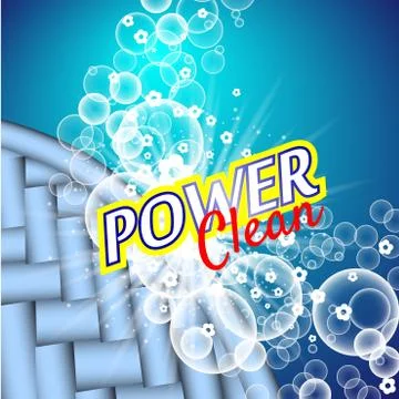 Packaging design template for washing powder. Super clean. Soap bubbles, foam. Stock Illustration