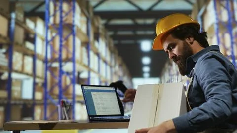 Packaging engineer uses barcode scanner to verify each item Stock-Fotos